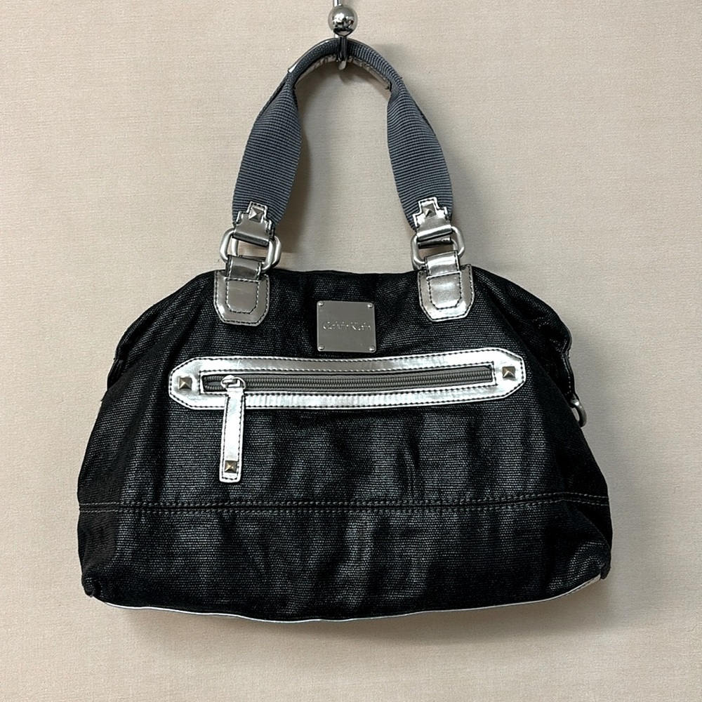 Calvin Klein Sliver Metallic Black Canvas Top Zip Satchel